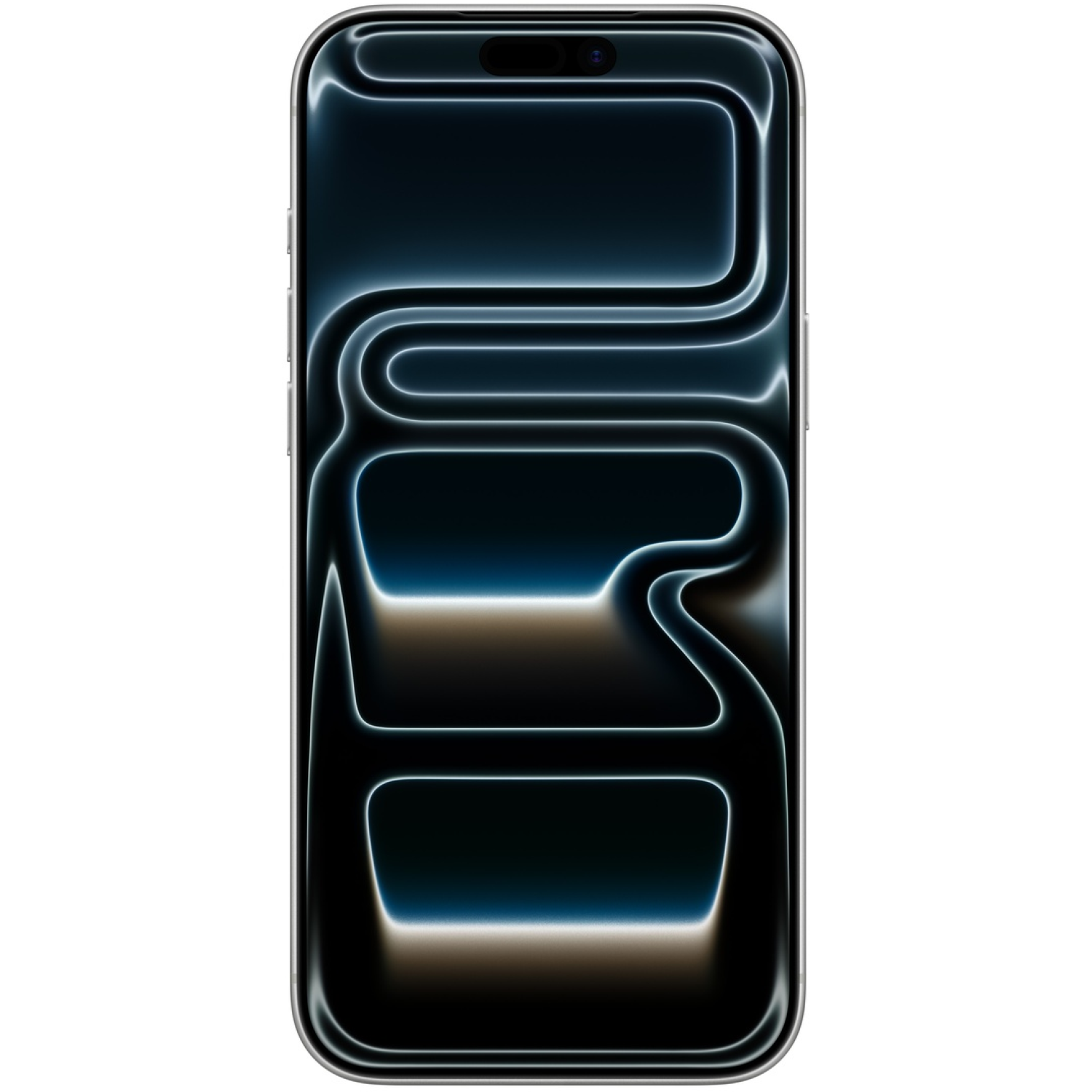 Un smartphone avec un écran noir affichant un motif néon. Le téléphone a un cadre argenté et une caméra en haut.