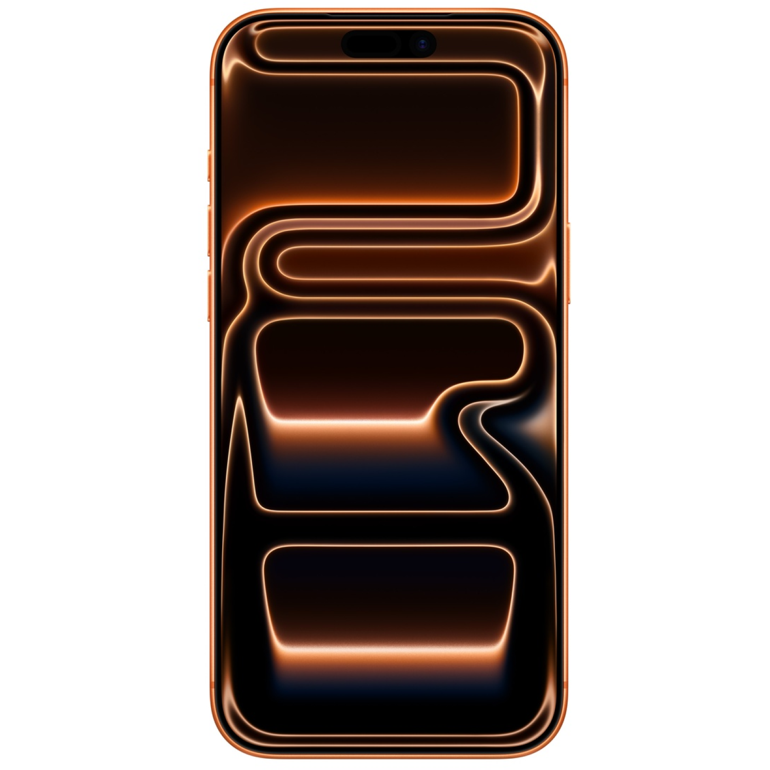 An orange smartphone with a black screen and abstract glowing orange lines. The phone is against a white background.