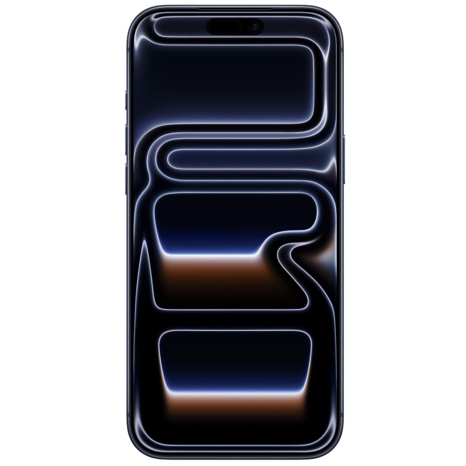 A smartphone with a black screen displaying a glowing, abstract design with curved lines and color gradients on a white background.