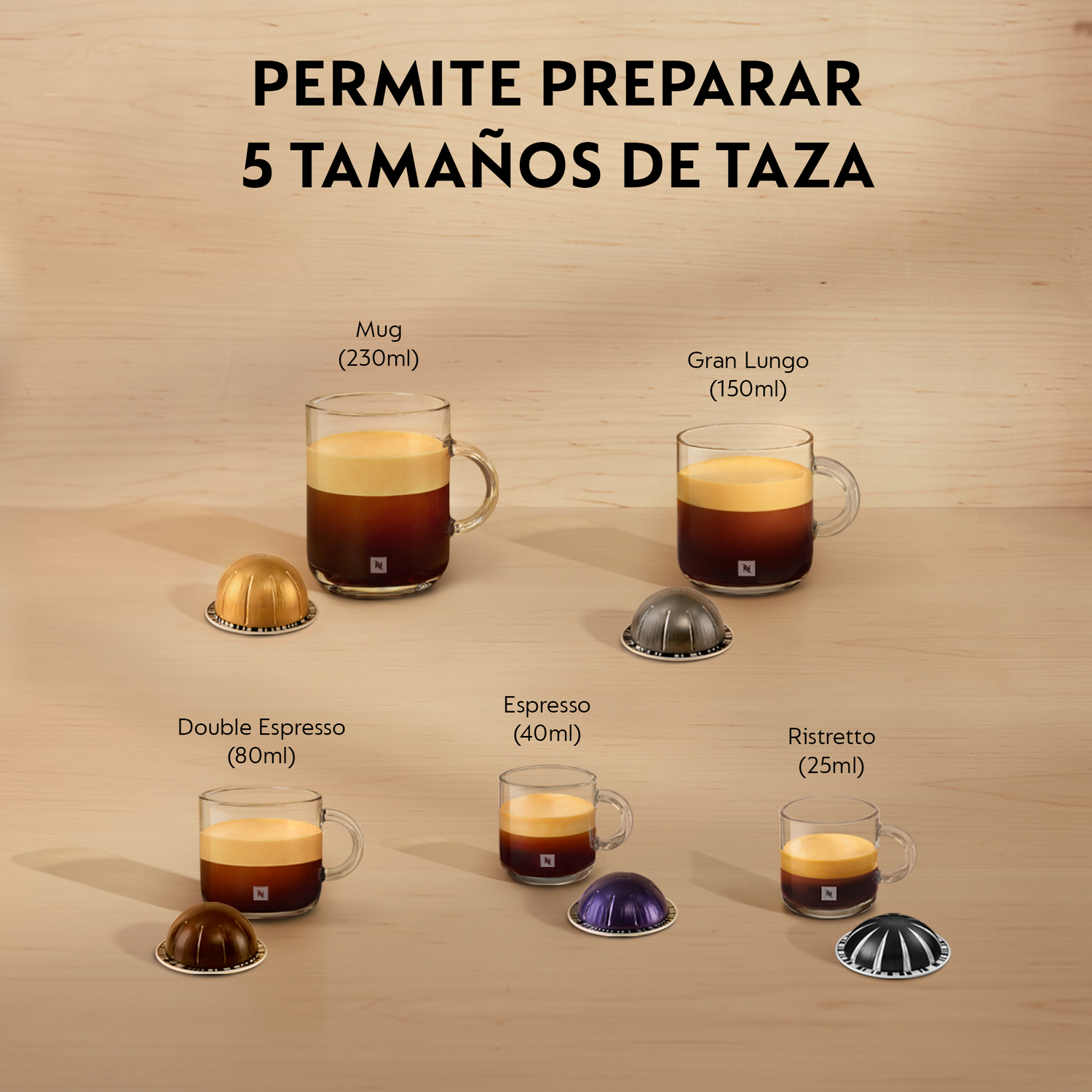 La imagen muestra cinco tazas de café de diferentes tamaños y cápsulas de café. El texto dice 'PERMITE PREPARAR 5 TAMAÑOS DE TAZA'.