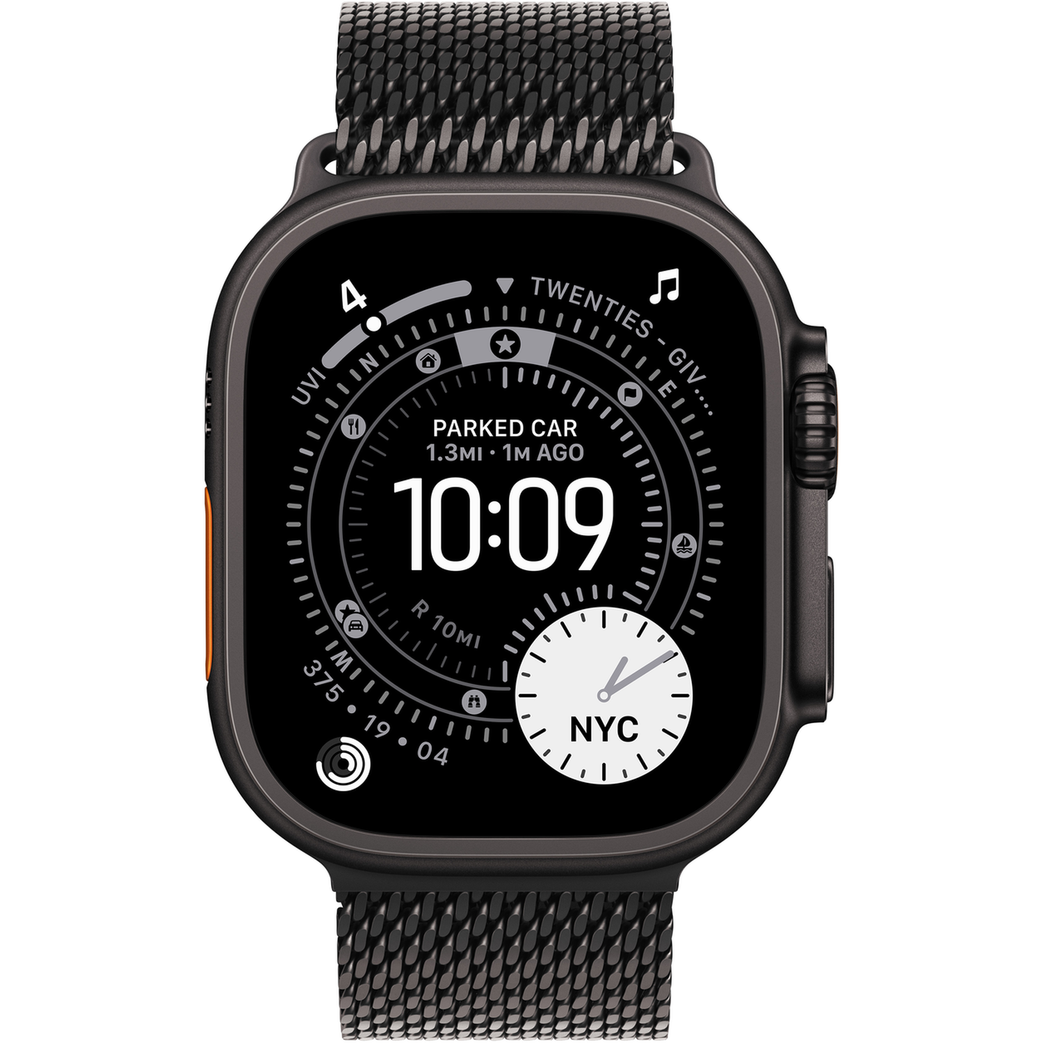A black smartwatch displaying the time 10:09, a NYC clock, and other data. The watch has a dark mesh band.