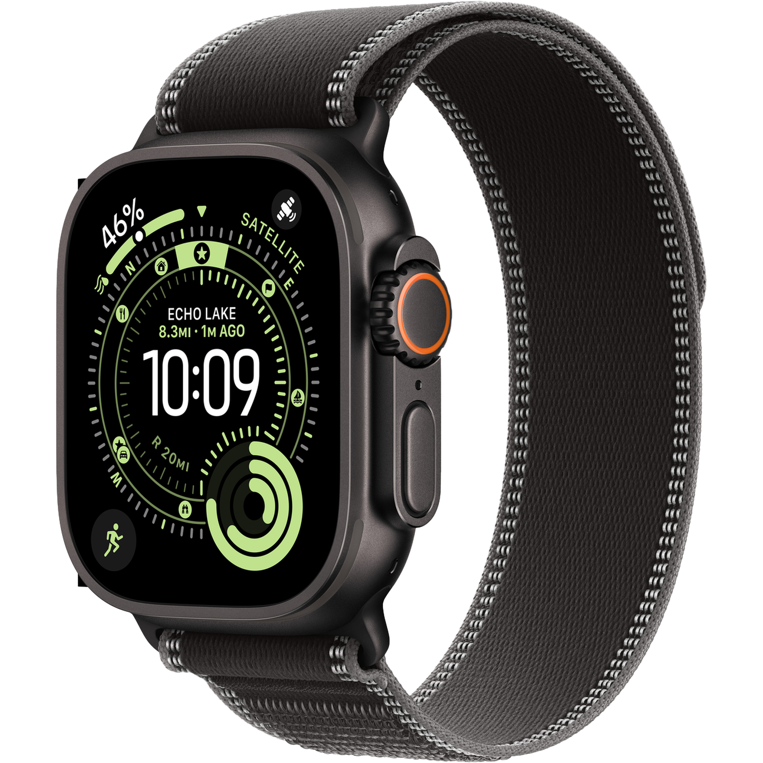 Een donkere Apple Watch Ultra met een grijze stoffen band. Het scherm toont tijd, locatie en gezondheidsgegevens in groen.