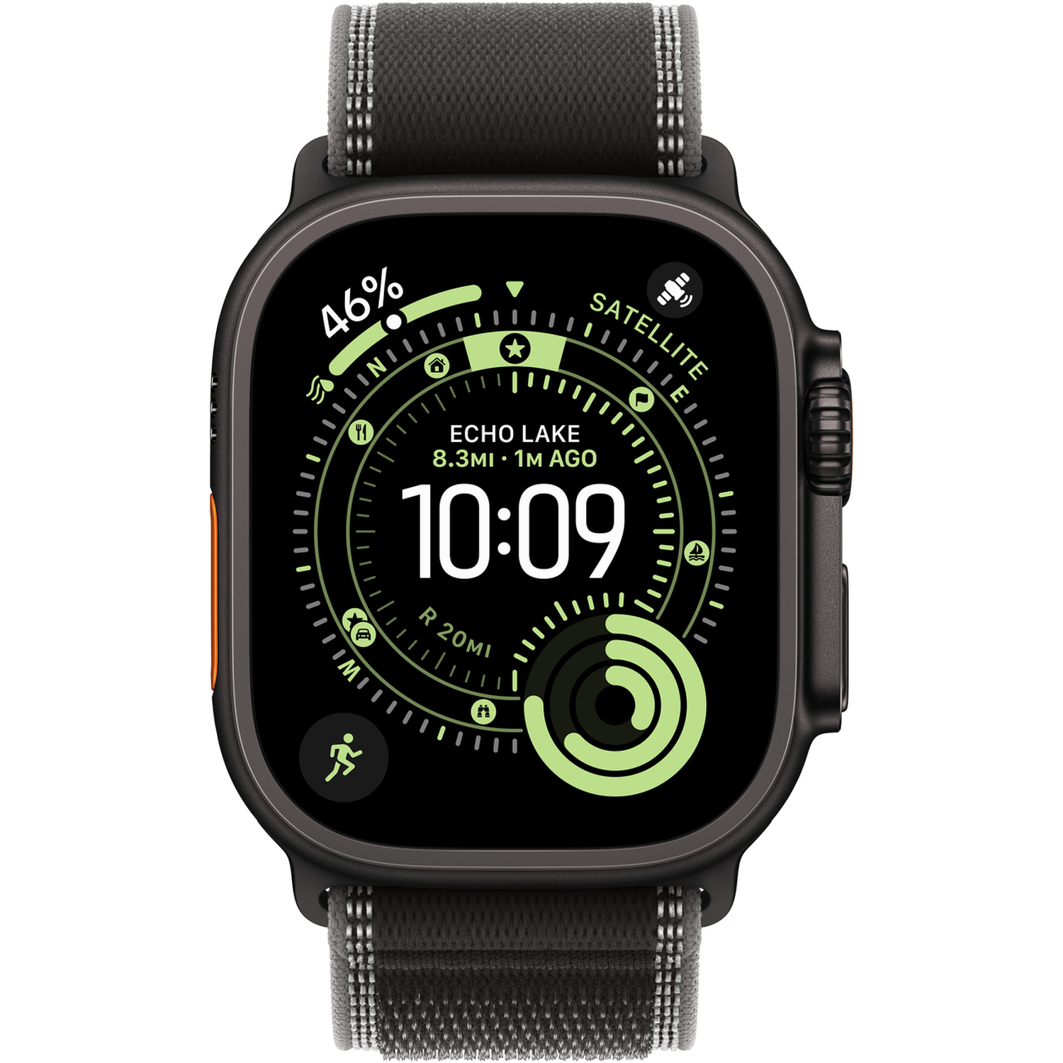 Een zwarte Apple Watch Ultra toont tijd, batterij en fitnessgegevens. Het horloge heeft een grijze band.