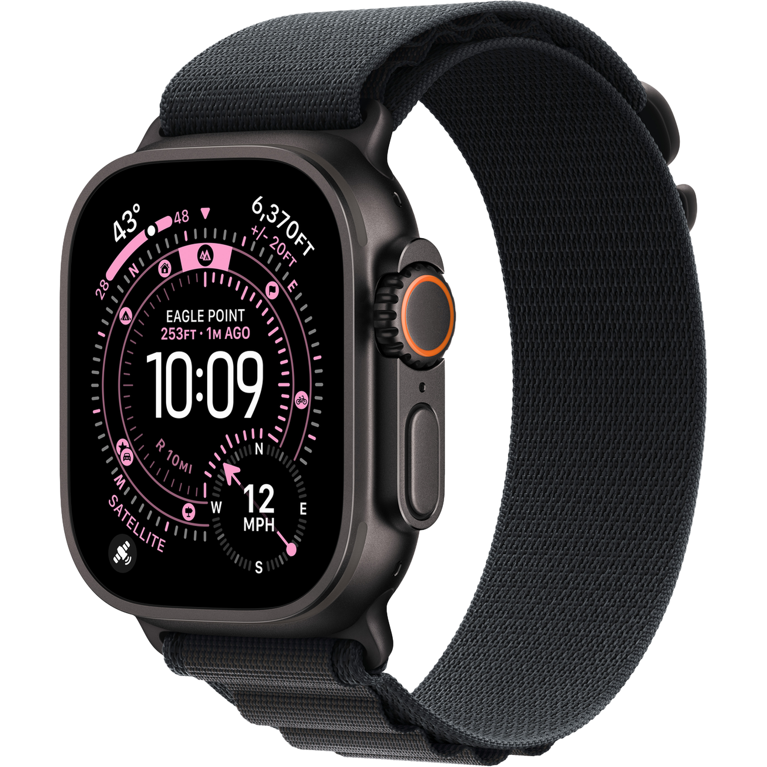 Een zwart smartwatch met een donkergrijze band geeft tijd, hoogte en kompasgegevens weer. Het scherm toont 10:09 en andere metingen.