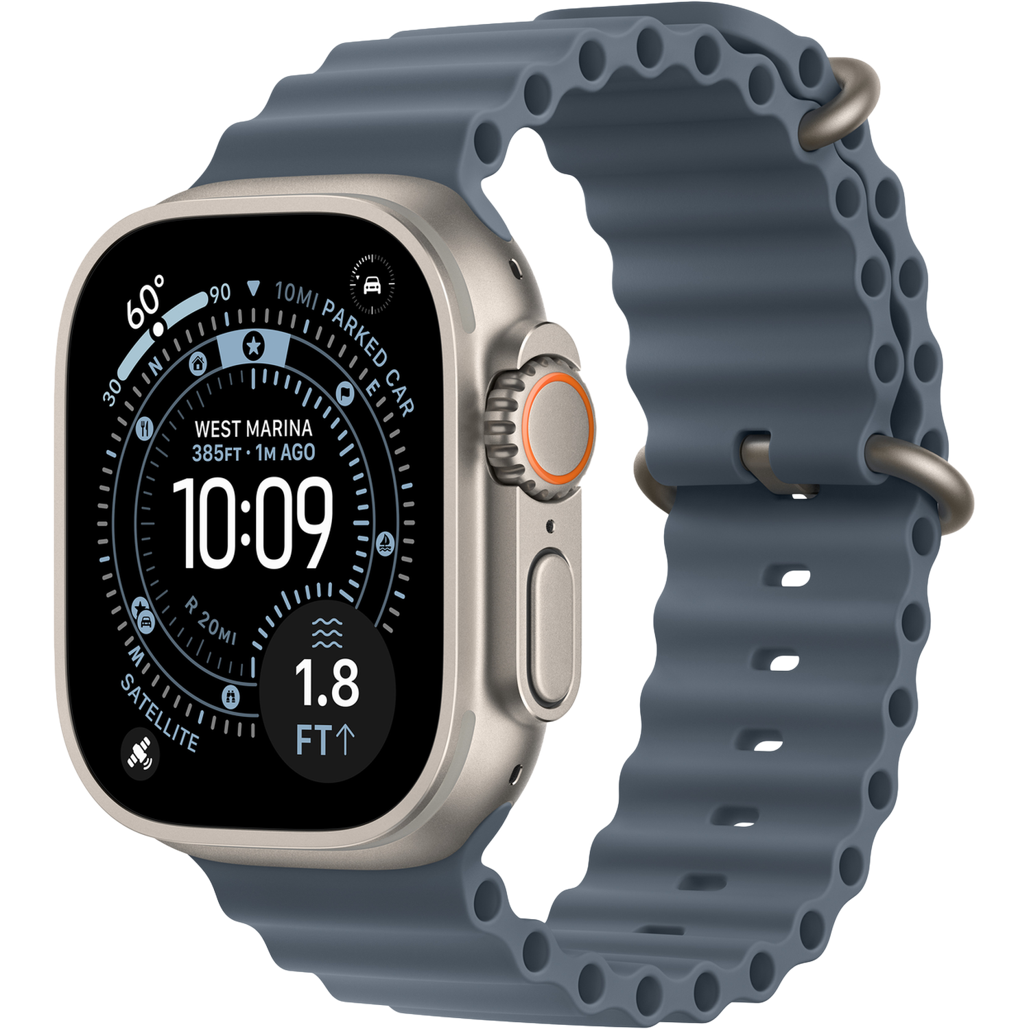 Een smartwatch met een blauwe band wordt weergegeven. Het scherm toont tijd en locatiegegevens. Het is zilver met een oranje wijzerplaat.
