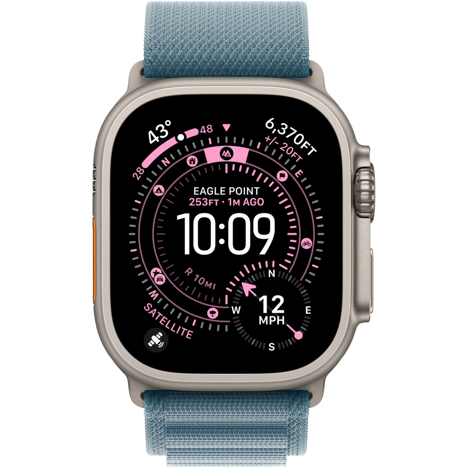 An Apple Watch Ultra displays time, altitude, and speed. The watch has a blue band and a metallic case with an orange button.