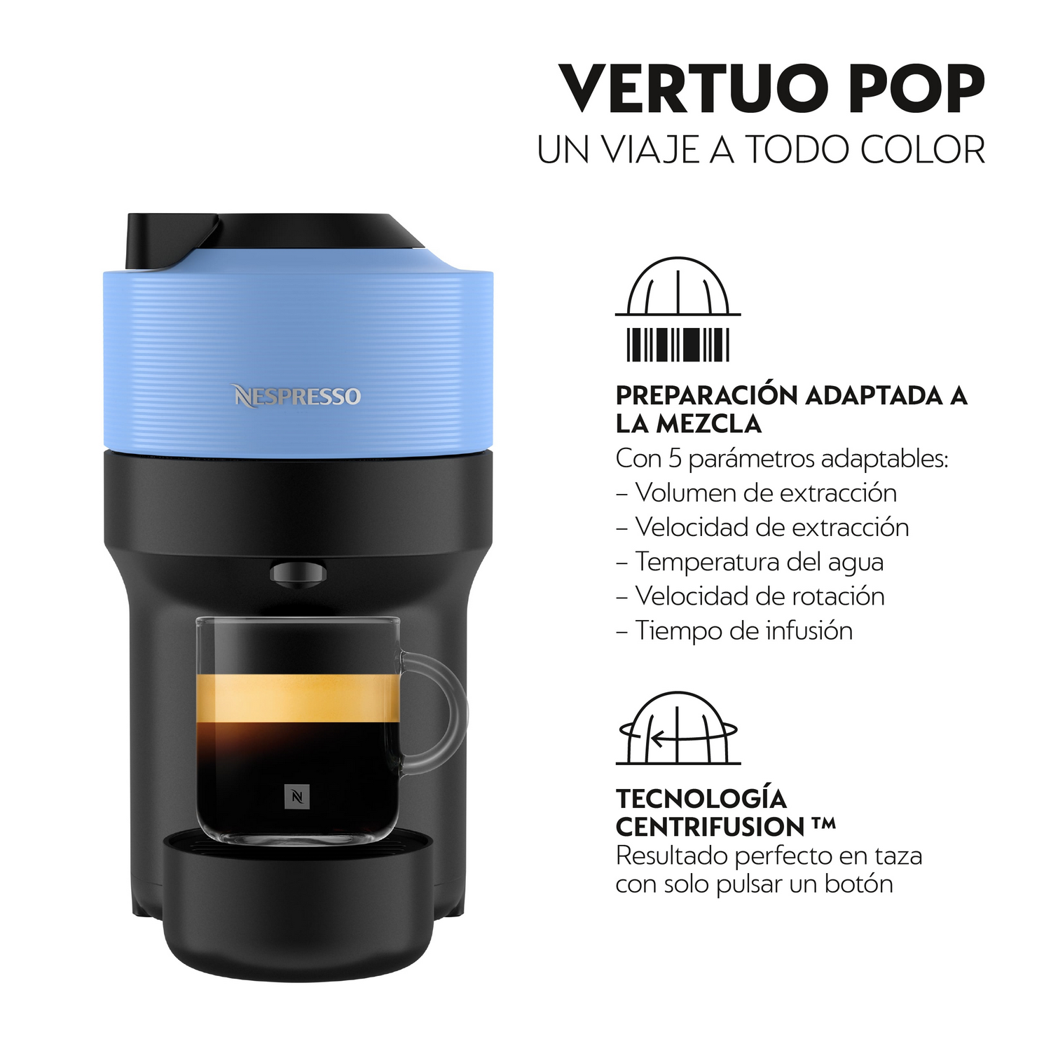 Una cafetera Nespresso Vertuo Pop azul y negra con una taza de café de vidrio. El texto incluye 'Vertuo Pop' y 'Nespresso'.