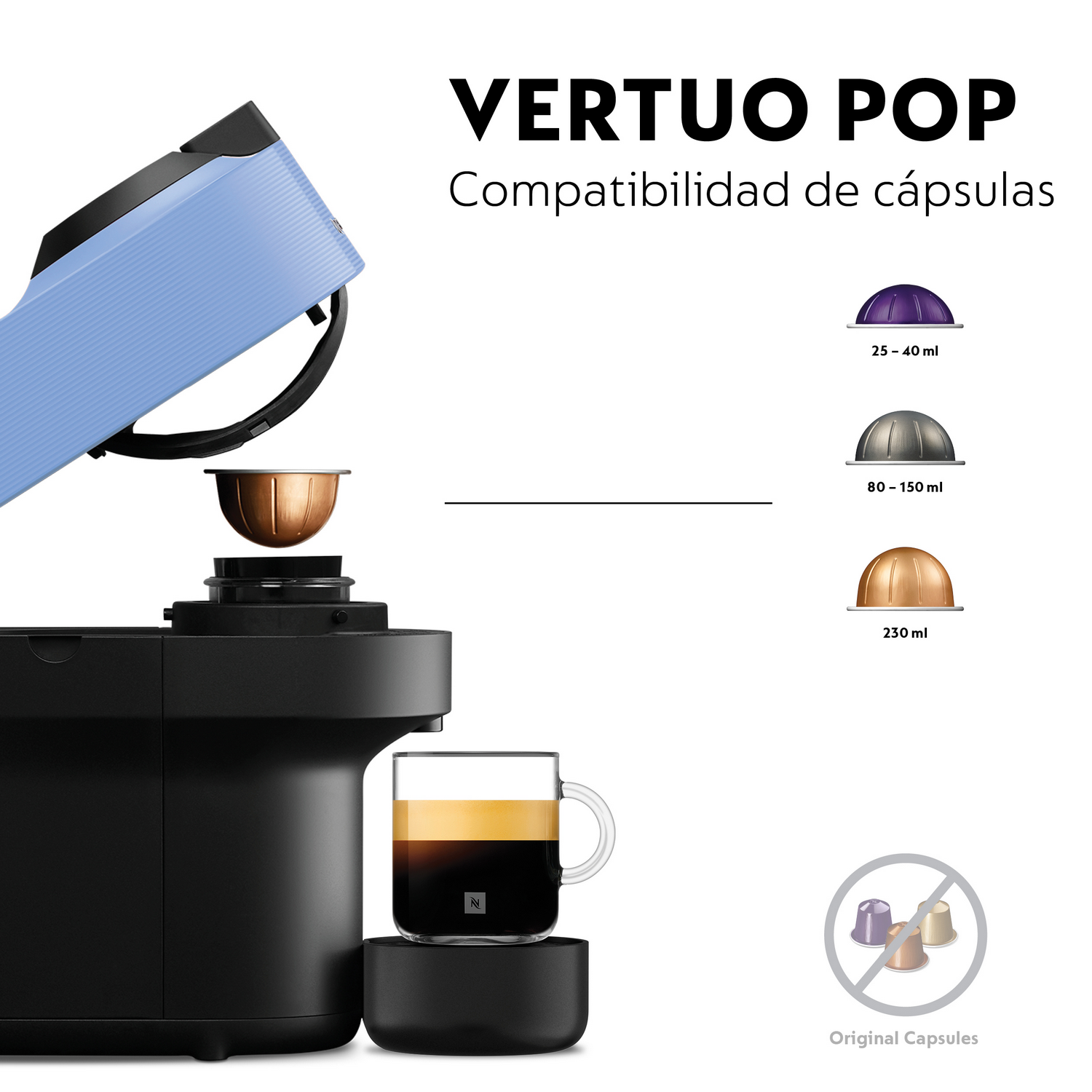 Una cafetera negra Vertuo Pop con tapa azul, taza de café, cápsulas y texto: Compatibilidad de cápsulas.