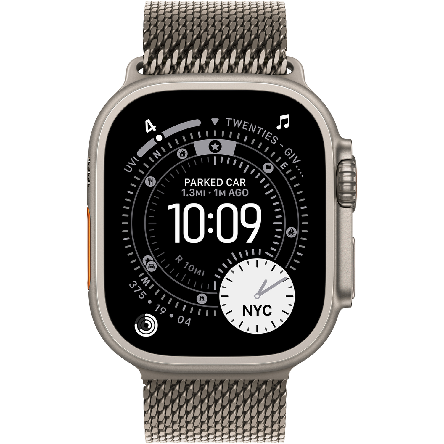 An Apple Watch Ultra shows the time 10:09 and other data. The watch has a grey metal band and a black screen. The watch is in focus.
