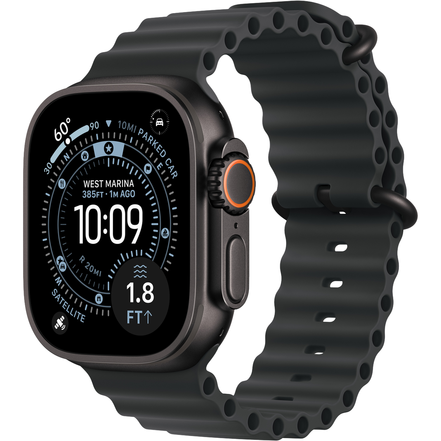 Een zwarte Apple Watch Ultra geeft tijd, navigatiegegevens en gezondheidsgegevens weer. Het horloge heeft een zwarte band en een zwarte titanium kast.