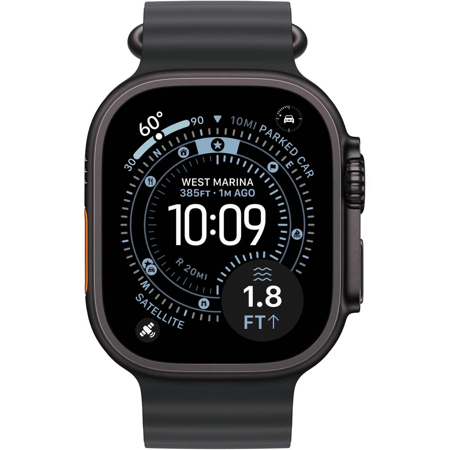 Zwarte smartwatch die tijd, locatie en hoogte weergeeft. Functies zijn kompas, satelliet en afstandsmetingen.