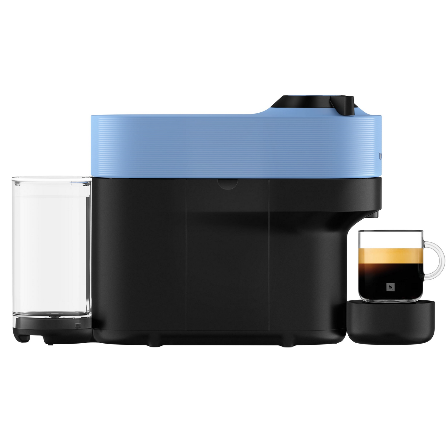 Una máquina de espresso negra y azul con un vaso de café. Tiene un depósito de agua y una taza de café.