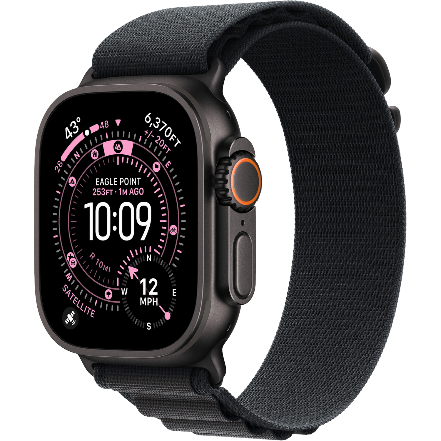 Een zwarte smartwatch met een zwarte band. De wijzerplaat toont tijd, hoogte en andere meetgegevens. Het horloge staat op een witte achtergrond.