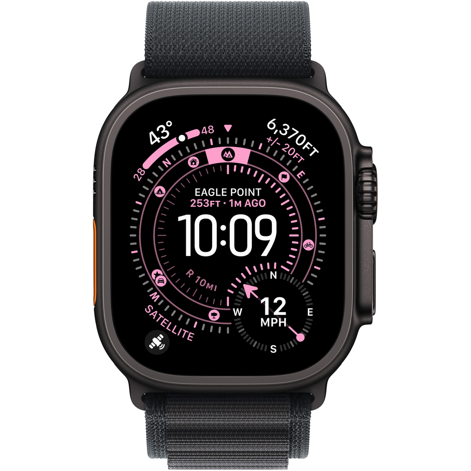 Een zwarte Apple Watch toont 10:09, hoogte en snelheid. Het horloge heeft een zwarte band, oranje zijkantknop en een roze display.