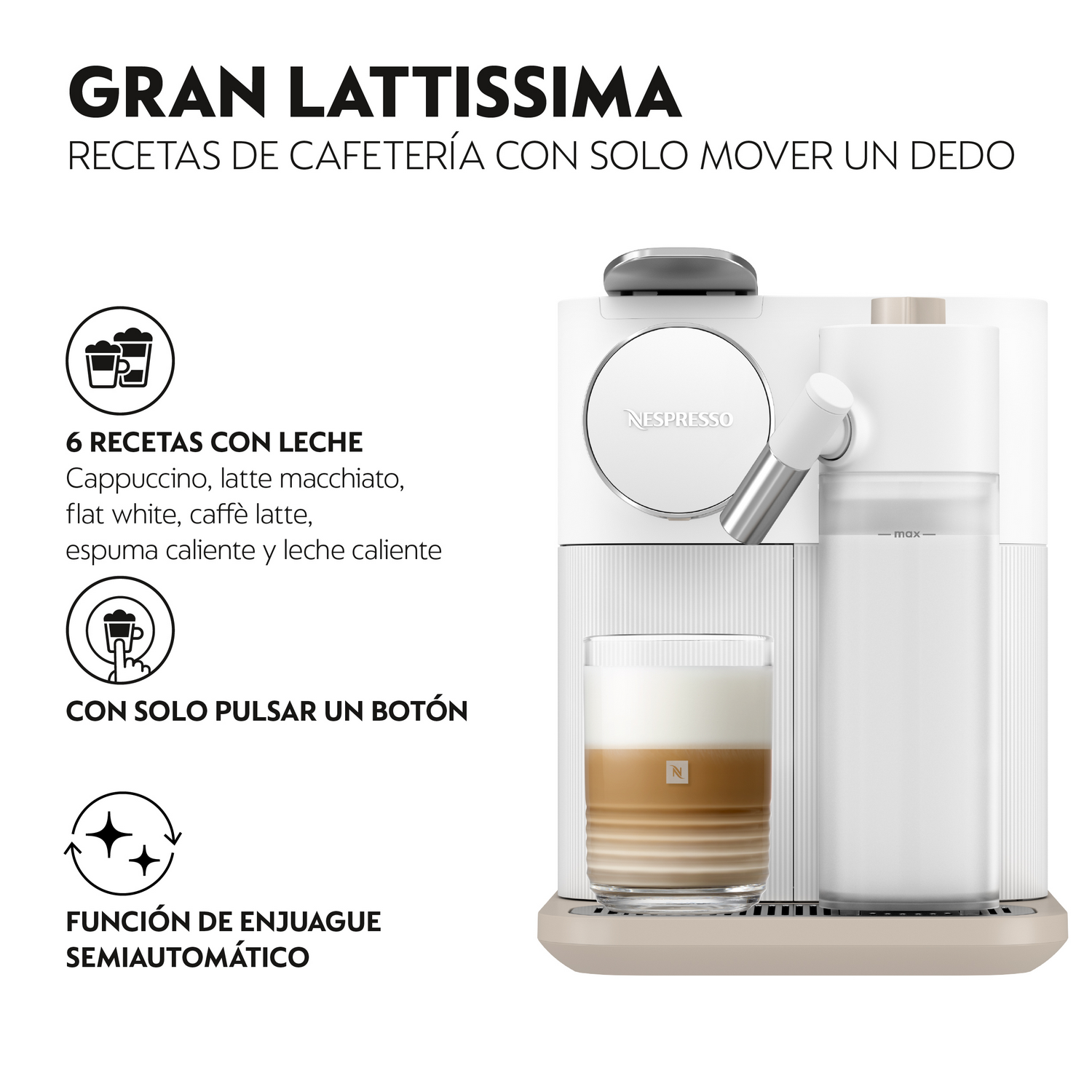 Máquina Nespresso blanca con un vaso de café en capas. Texto en español. Incluye espumador de leche y botones.