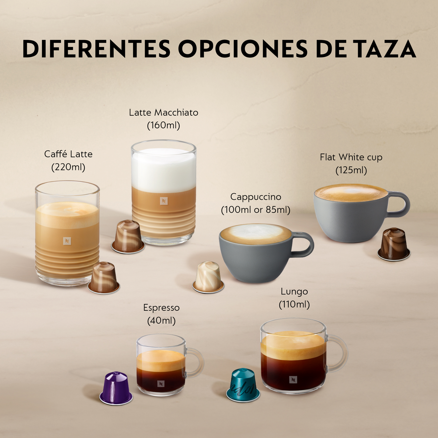Imagen muestra variaciones de café: Caffe Latte, Latte Macchiato, Cappuccino, Flat White, Espresso y Lungo. Cada uno con una cápsula.