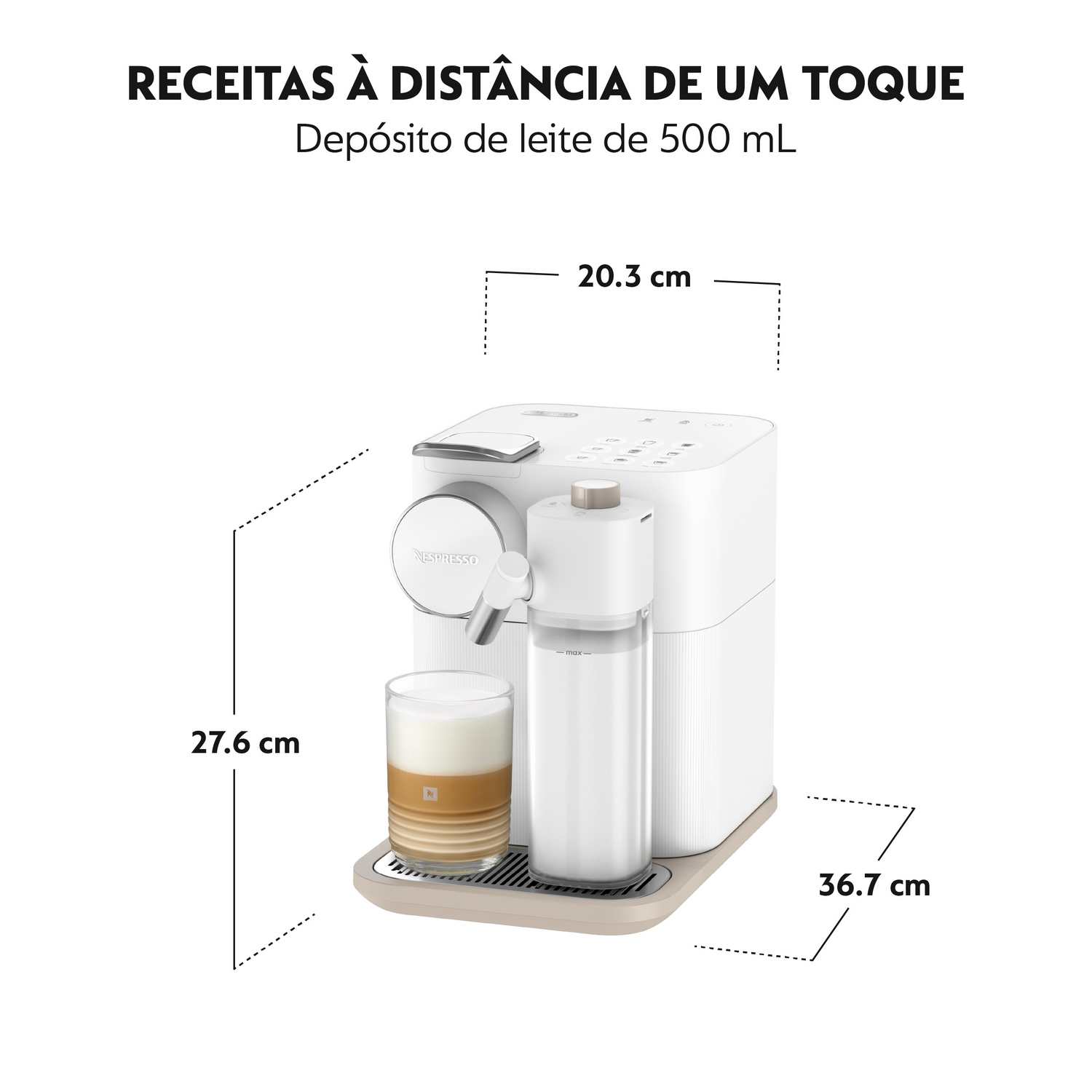 Máquina Nespresso blanca con espumador de leche. Un vaso de café con leche. Texto: Recetas a distancia con un toque. Contenedor de leche 500 ml.