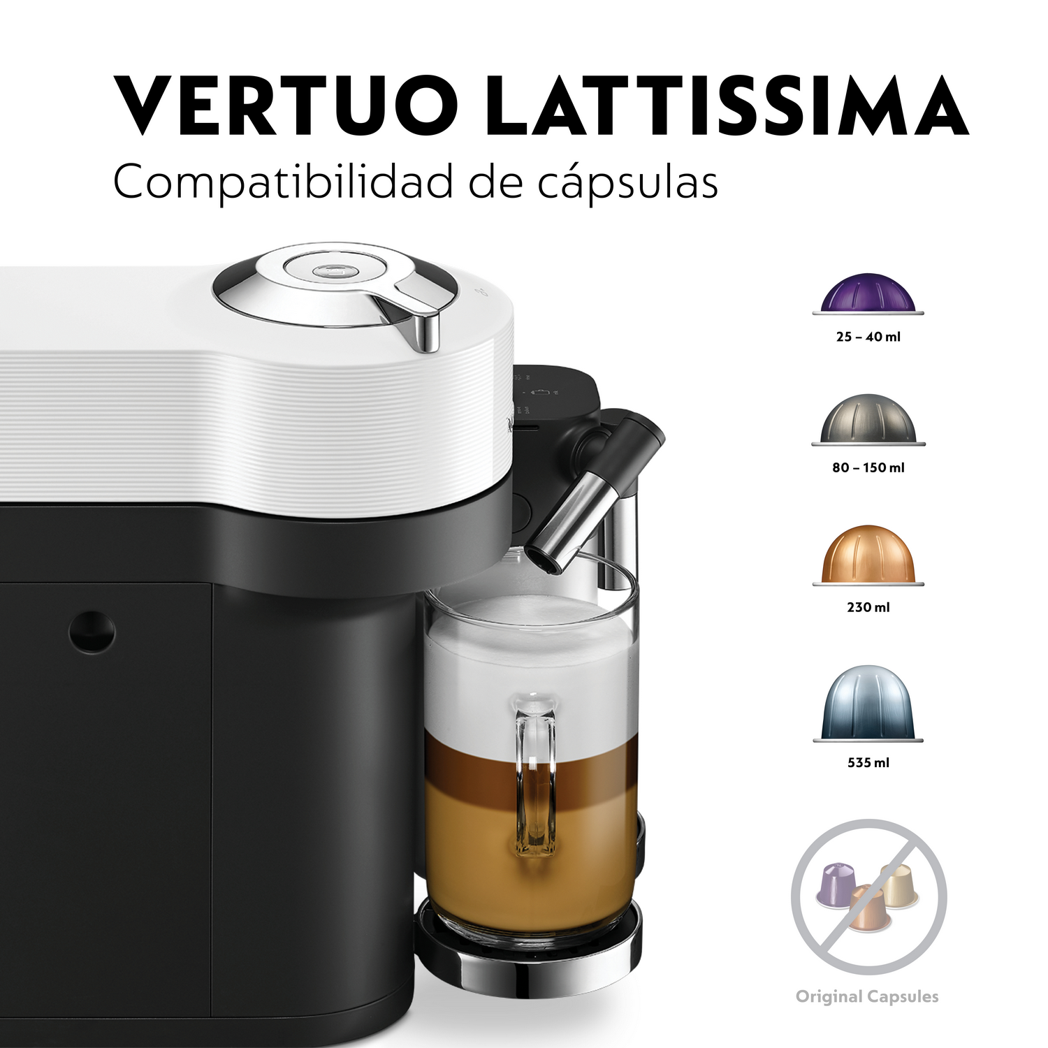 Una cafetera con café en capas en un vaso. El texto dice 'VERTUO LATTISSIMA' y especifica la compatibilidad de cápsulas.