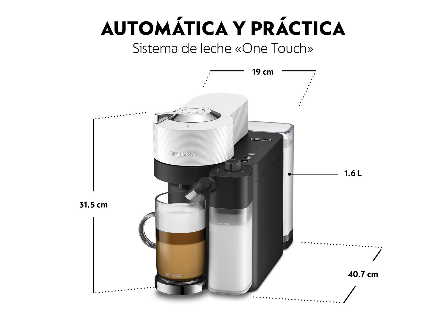 Una cafetera Nespresso con espumador de leche. Tiene una taza de café con leche y se indican las dimensiones.