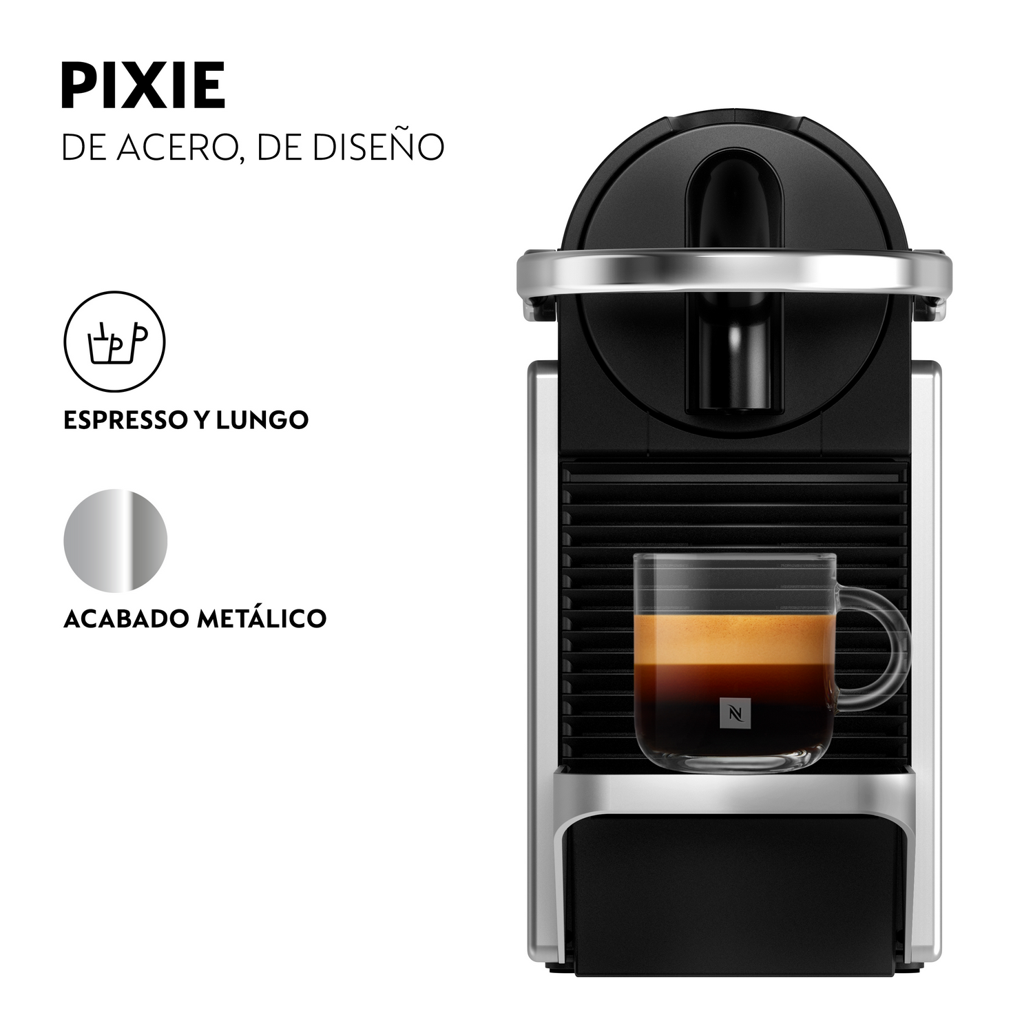 Una máquina de espresso negra y plateada con una taza de café de vidrio. La máquina tiene un acabado metálico y está etiquetada como 'Pixie'.