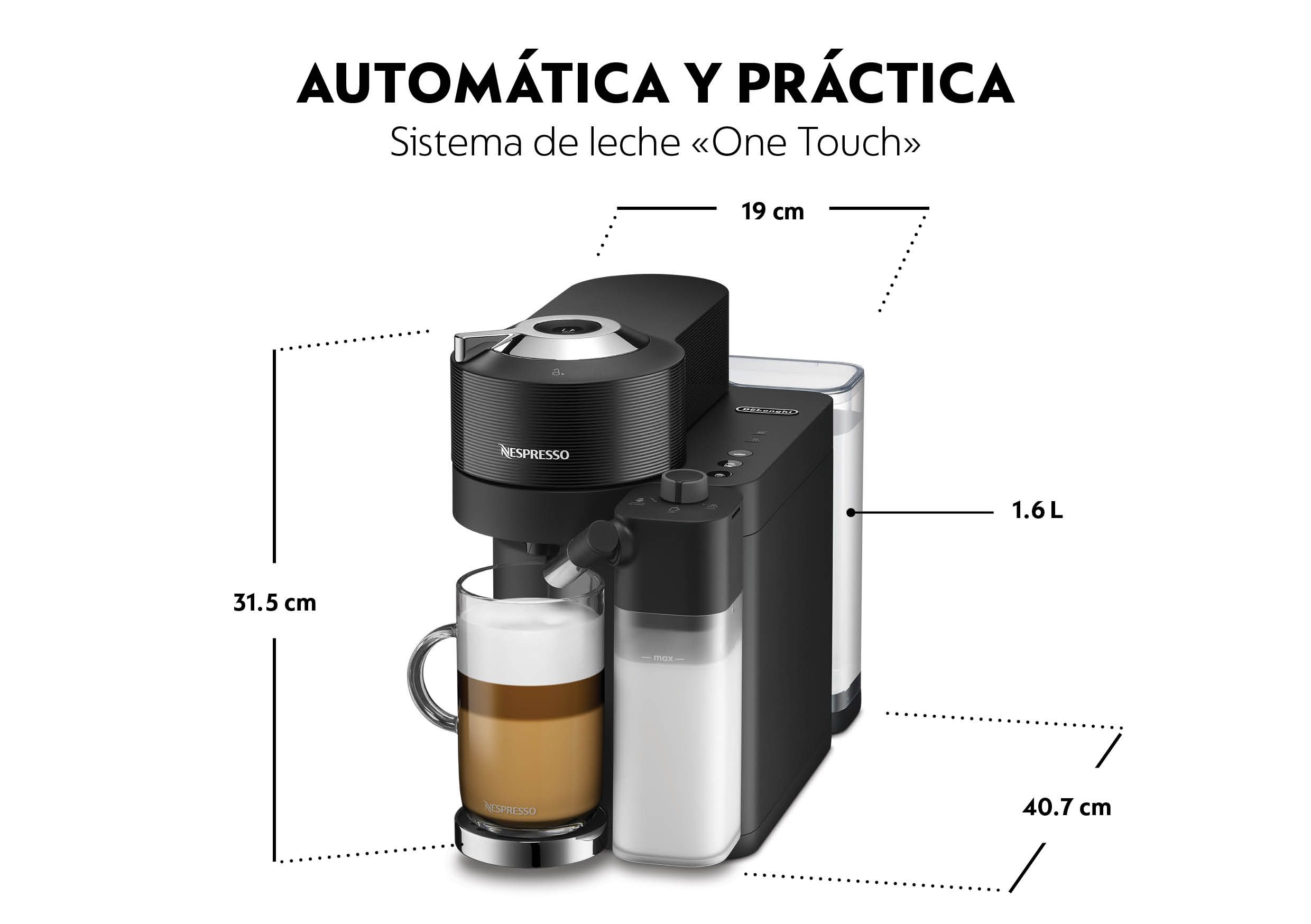 Máquina Nespresso negra con una taza de latte. Las dimensiones están en cm. El texto dice 'AUTOMÁTICA Y PRÁCTICA'.