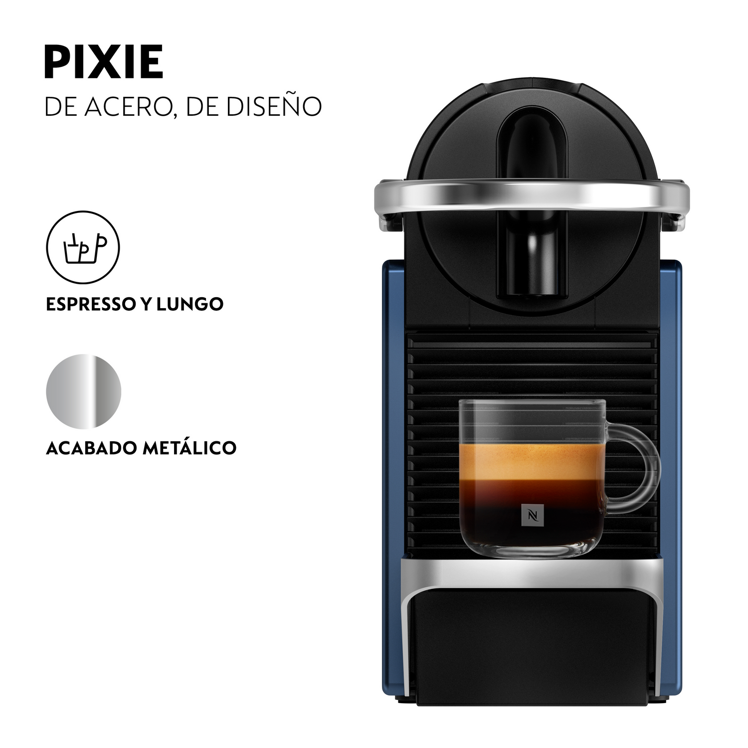 Máquina de espresso azul y negro con una taza de café de vidrio. La máquina tiene un acabado metálico.
