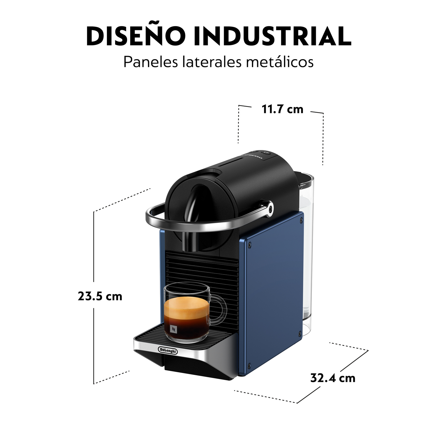 Una máquina Nespresso azul y negra con un vaso de café. Texto: Diseño Industrial. Medidas: 23,5 cm, 11,7 cm, 32,4 cm.