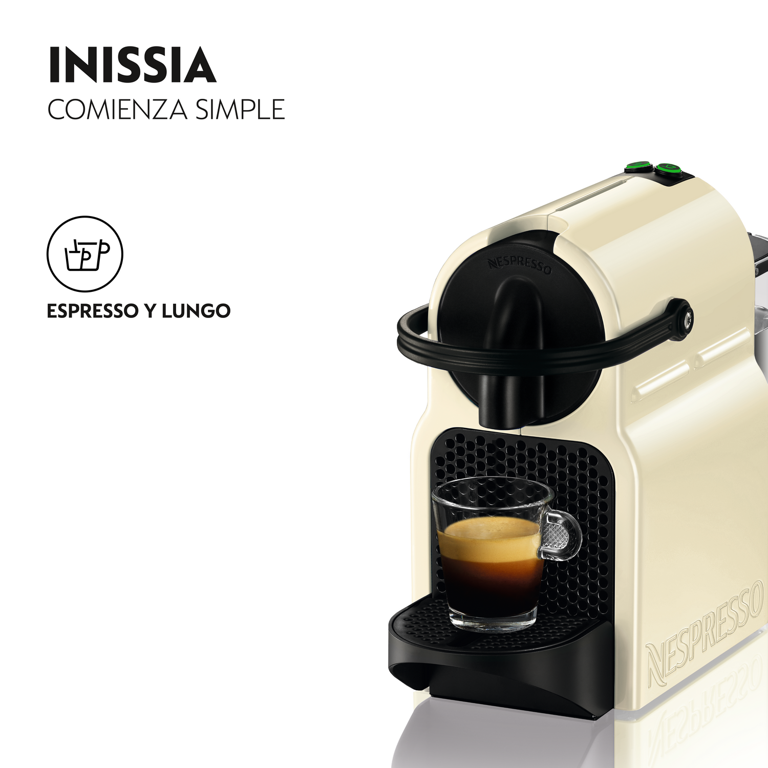 Máquina Nespresso crema con taza de espresso. El texto dice 'INISSIA' y 'ESPRESSO Y LUNGO'.