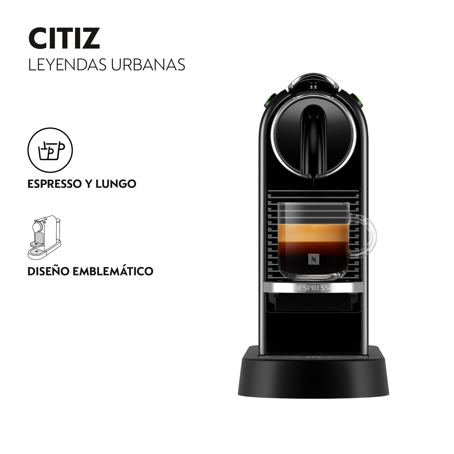 Una máquina de espresso Nespresso Citiz negra con una taza de café de vidrio. El texto dice 'Citiz Leyendas Urbanas' y otros detalles.