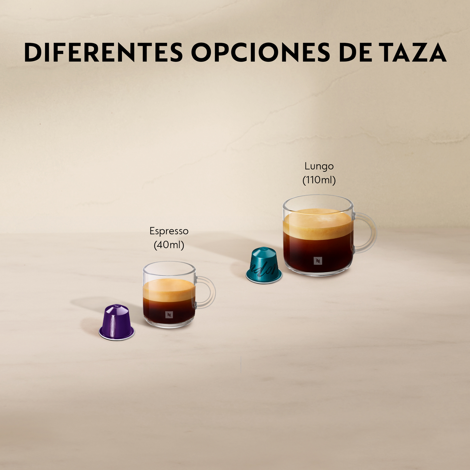 Dos tazas de café con cápsulas. Un espresso y un lungo. El texto superior dice 'Diferentes opciones de taza'.