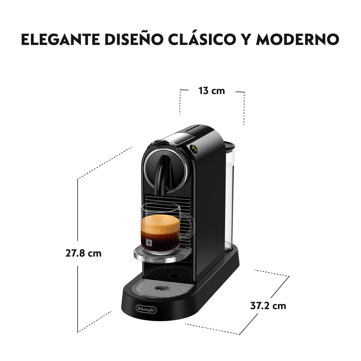 Una cafetera Nespresso negra con un vaso de café. Se muestran las dimensiones. El texto dice 'DISEÑO ELEGANTE CLÁSICO Y MODERNO'.