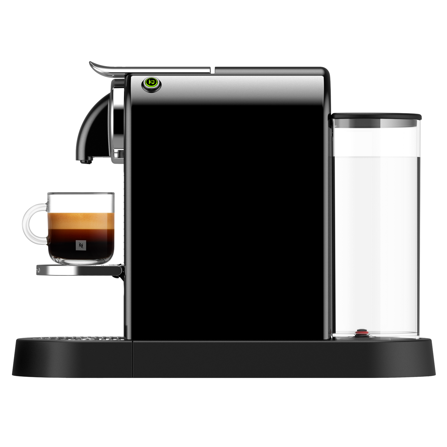 Una cafetera Nespresso negra con una taza de café. Un depósito de agua está en el lado derecho.