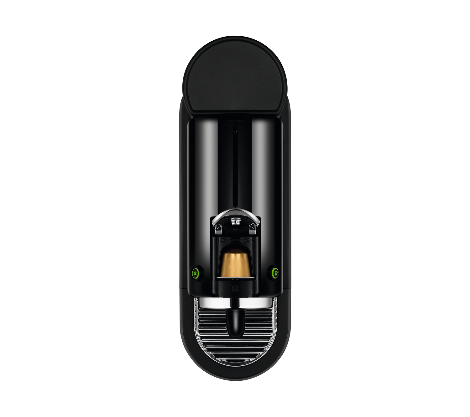 Máquina Nespresso negra con una cápsula de café dorada. La máquina tiene un diseño elegante con base curvada.