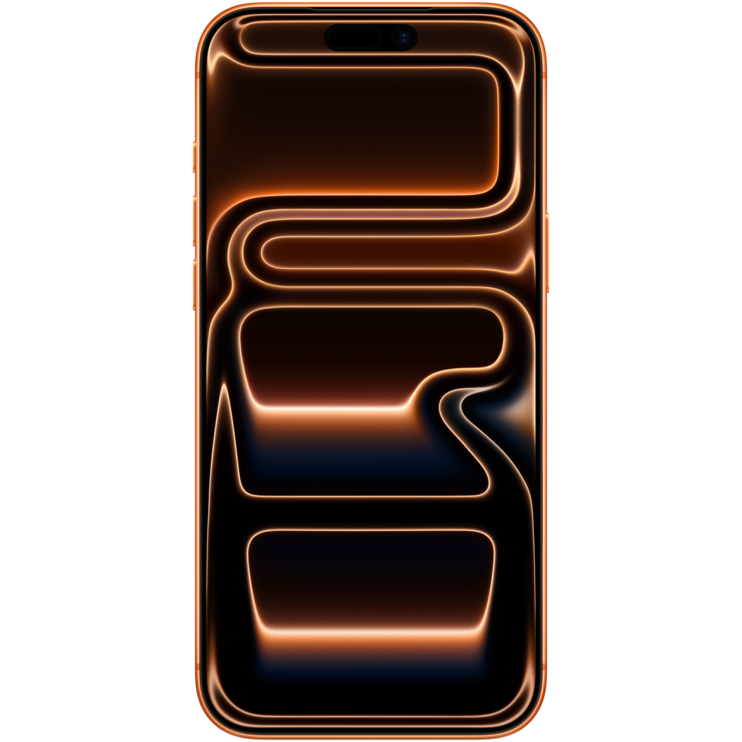 Een smartphone met een feloranje frame en een donker, abstract ontwerp op het scherm, met gloeiende lijnen. De achtergrond is wit.