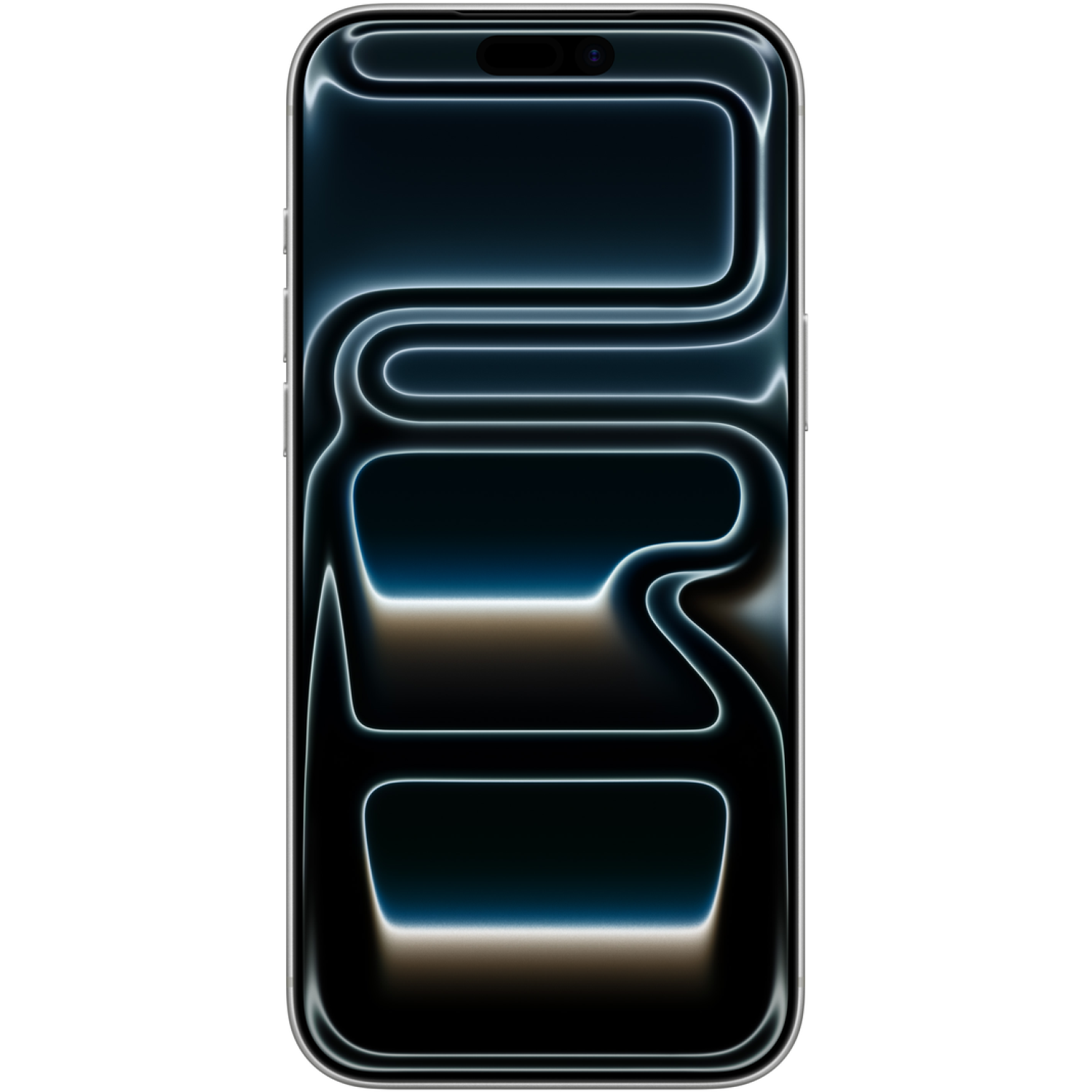 Een smartphone met een zwart scherm. Het heeft een zilveren frame en een uniek schermontwerp met gloeiende lijnen en een donkere achtergrond.