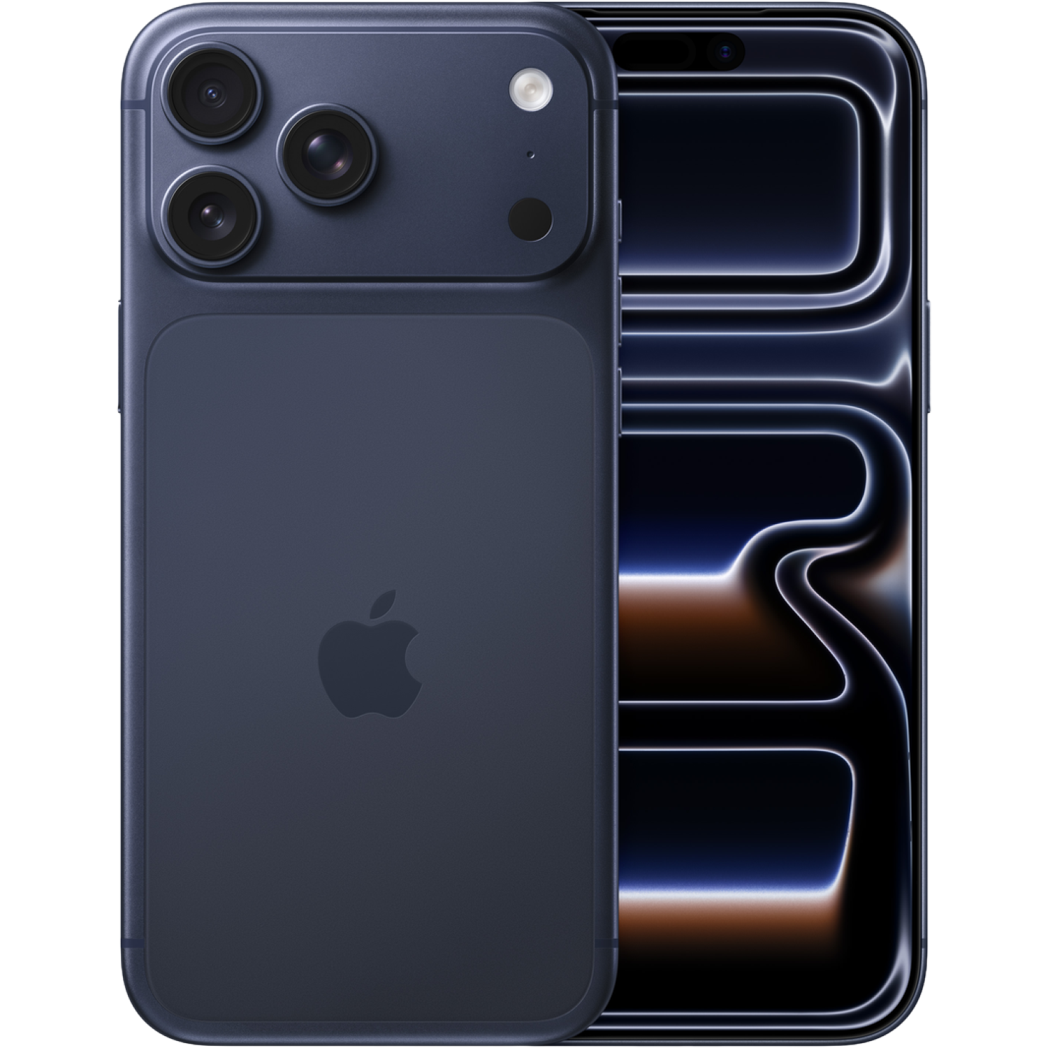 Een donkerblauwe iPhone toont de achterkant en het scherm. De achterkant heeft een camera en een Apple-logo. Het scherm staat aan.