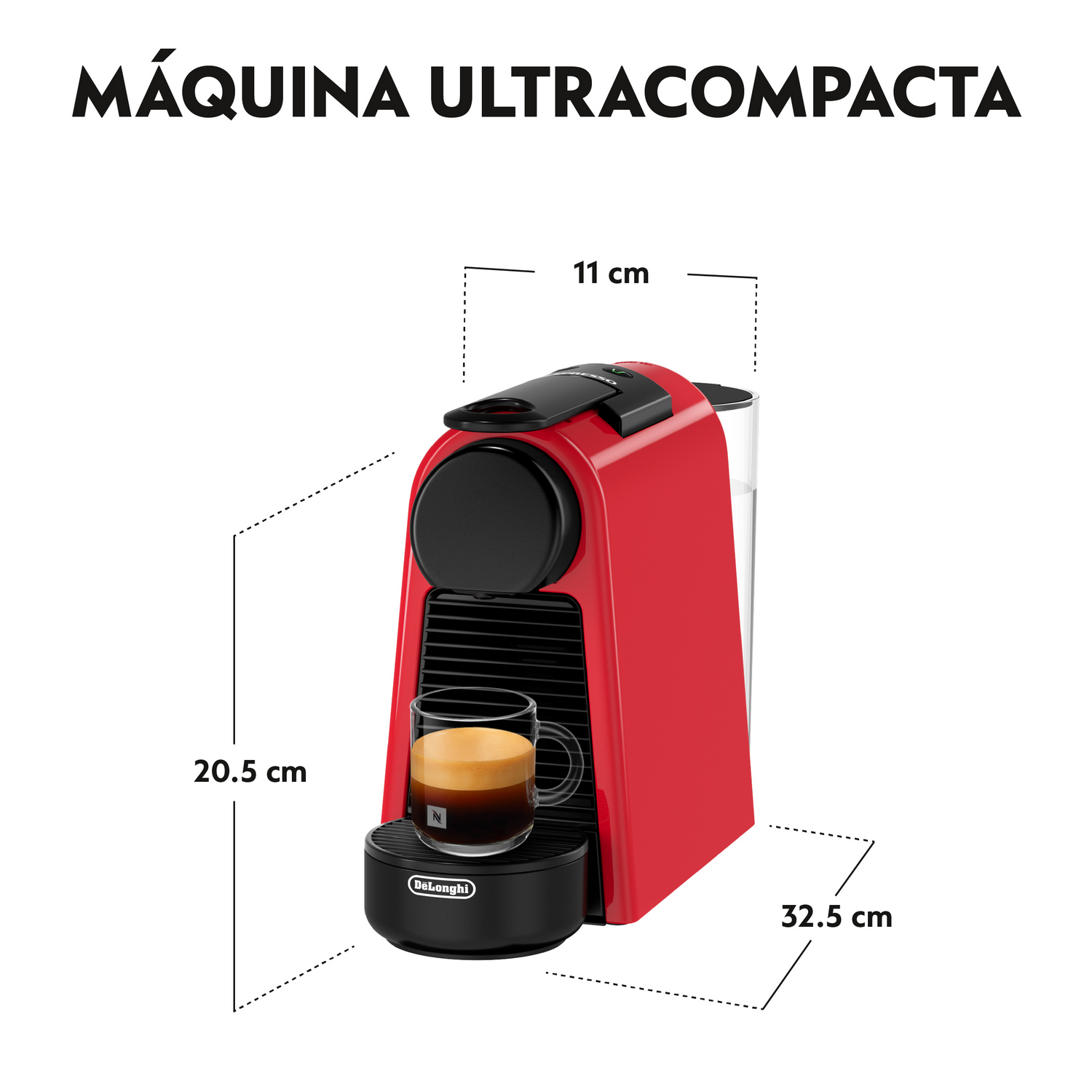 Una máquina de espresso roja con base negra y una taza de café. Dimensiones: 20,5 cm alto, 11 cm ancho y 32,5 cm profundidad. Texto: MÁQUINA ULTRACOMPACTA.