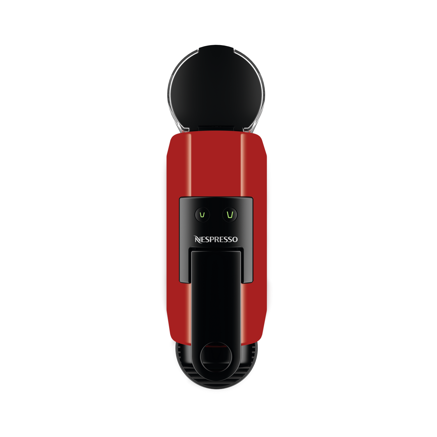 Máquina de café Nespresso roja, vista superior. Tiene tapa y base negras, con panel de control negro y el logotipo de Nespresso.