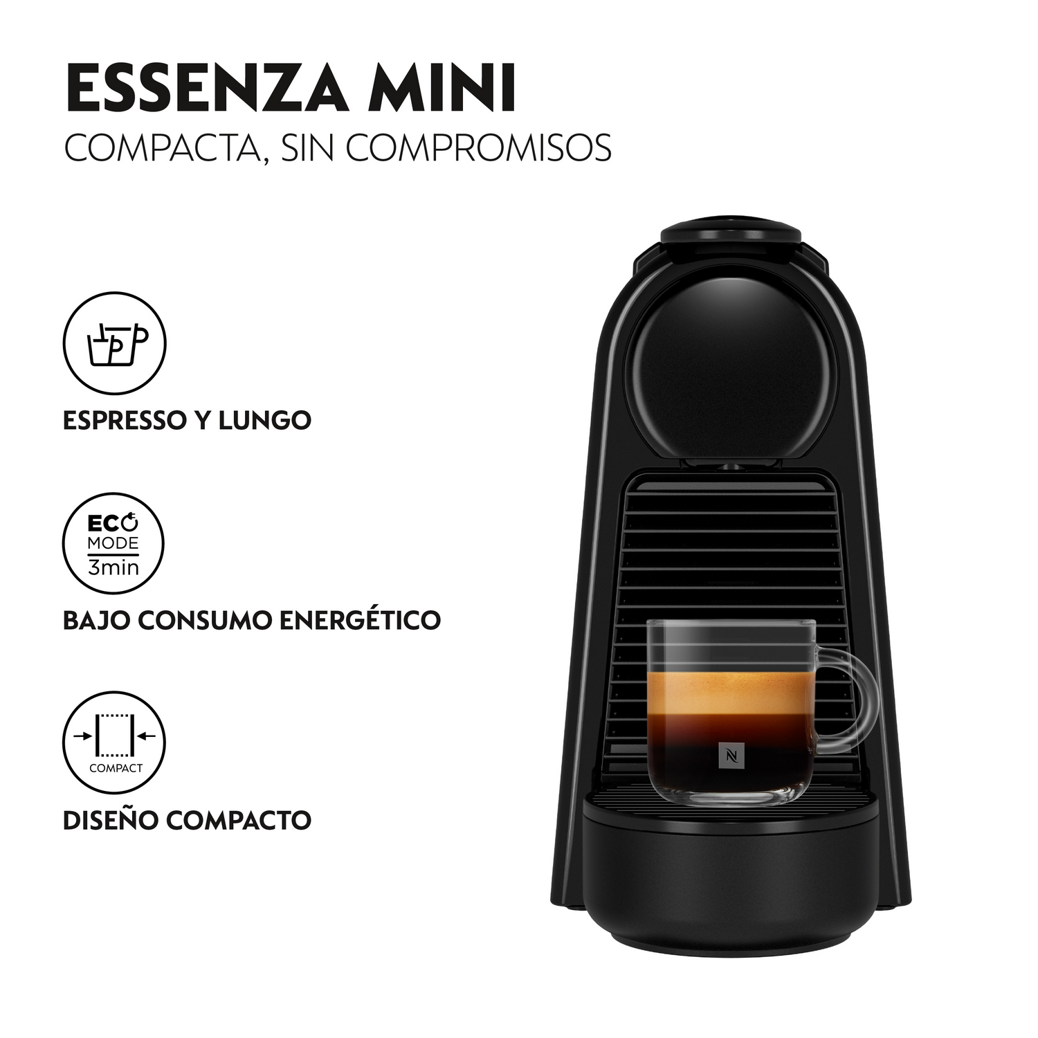 Cafetera Essenza Mini negra con taza de café de vidrio. Textos resaltan: compacto, espresso, modo eco y diseño.