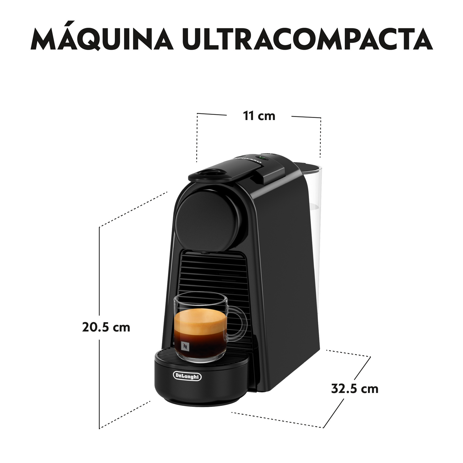 Una máquina de espresso negra con una taza de café de vidrio, se indican las dimensiones. El texto superior dice 'Máquina Ultracompacta'.