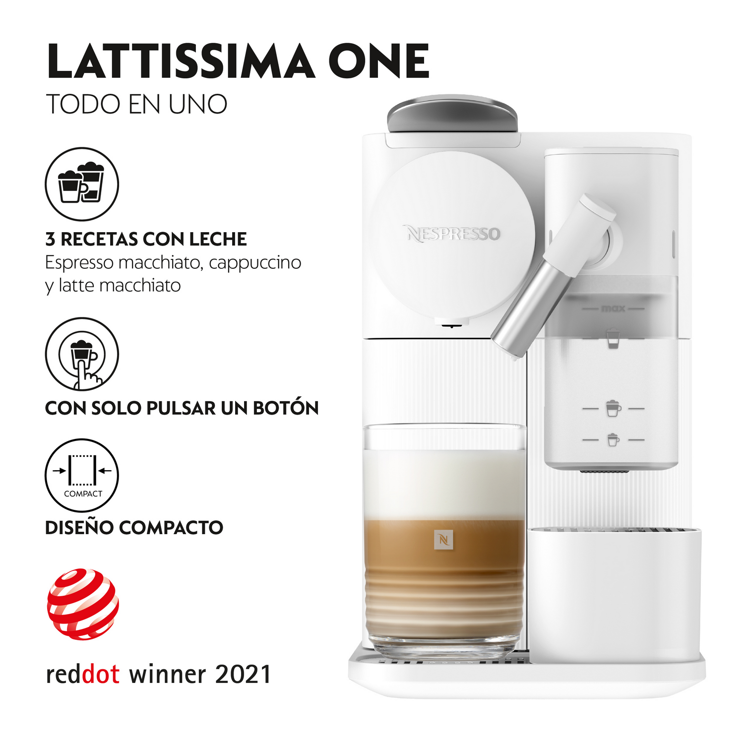 Máquina blanca Nespresso Lattissima One con un vaso de café en capas. El texto indica que hace espresso, capuchino y latte macchiato.