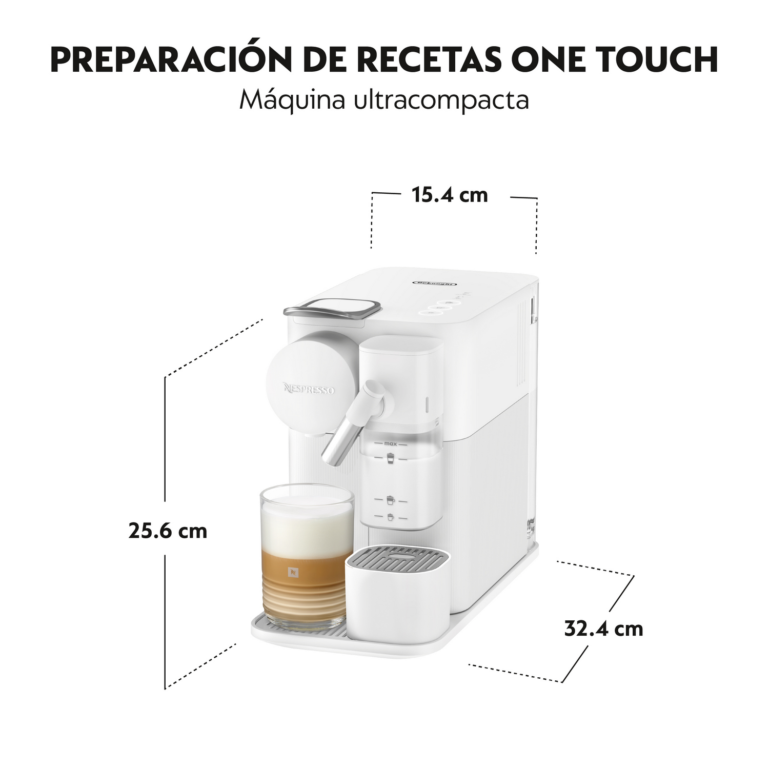 Máquina Nespresso blanca con un vaso de café en capas. Se indican las dimensiones. El texto dice 'PREPARACIÓN DE RECETAS ONE TOUCH'.