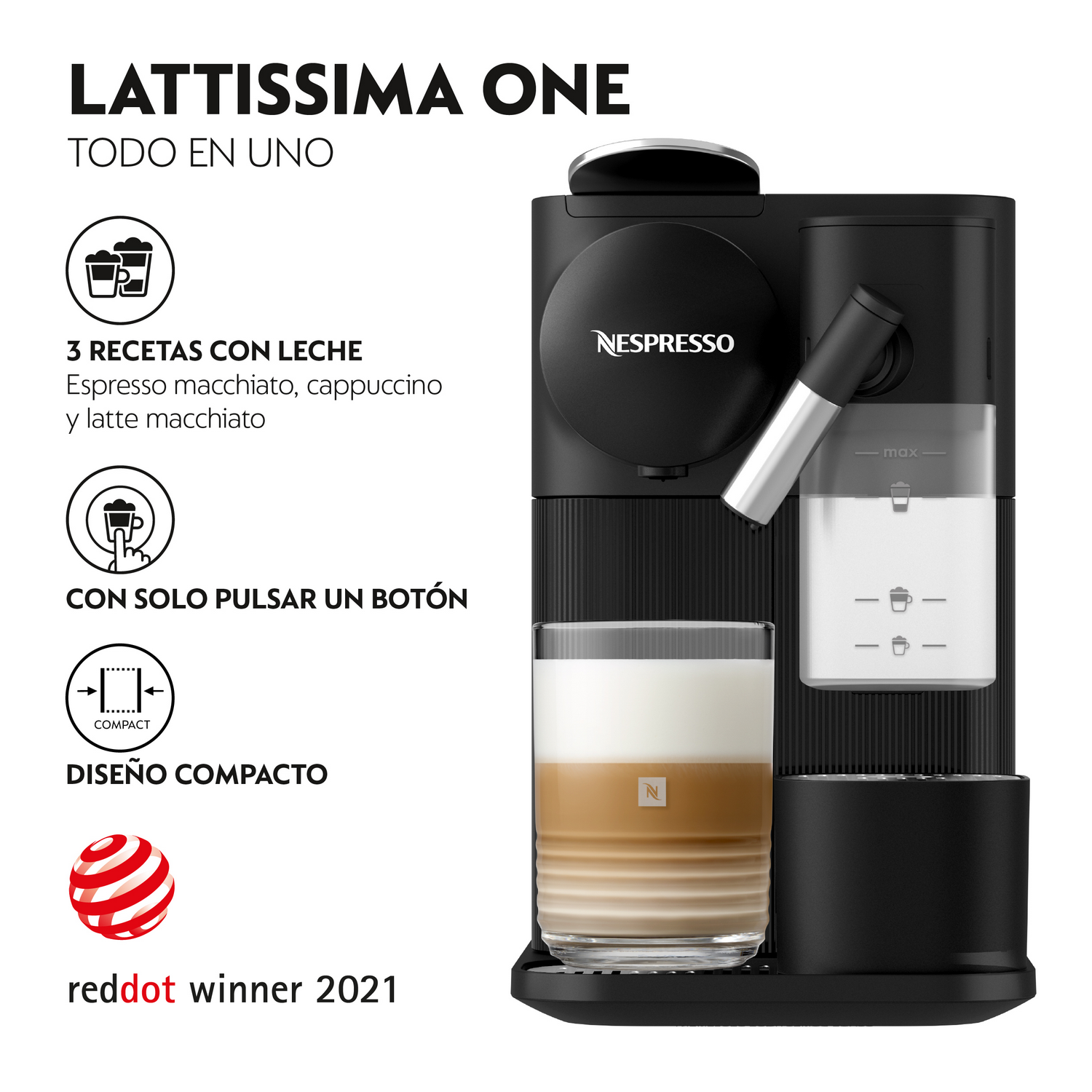 Una cafetera Nespresso Lattissima One negra con un vaso de latte macchiato. El texto incluye '3 recetas con leche' y 'reddot winner 2021'.
