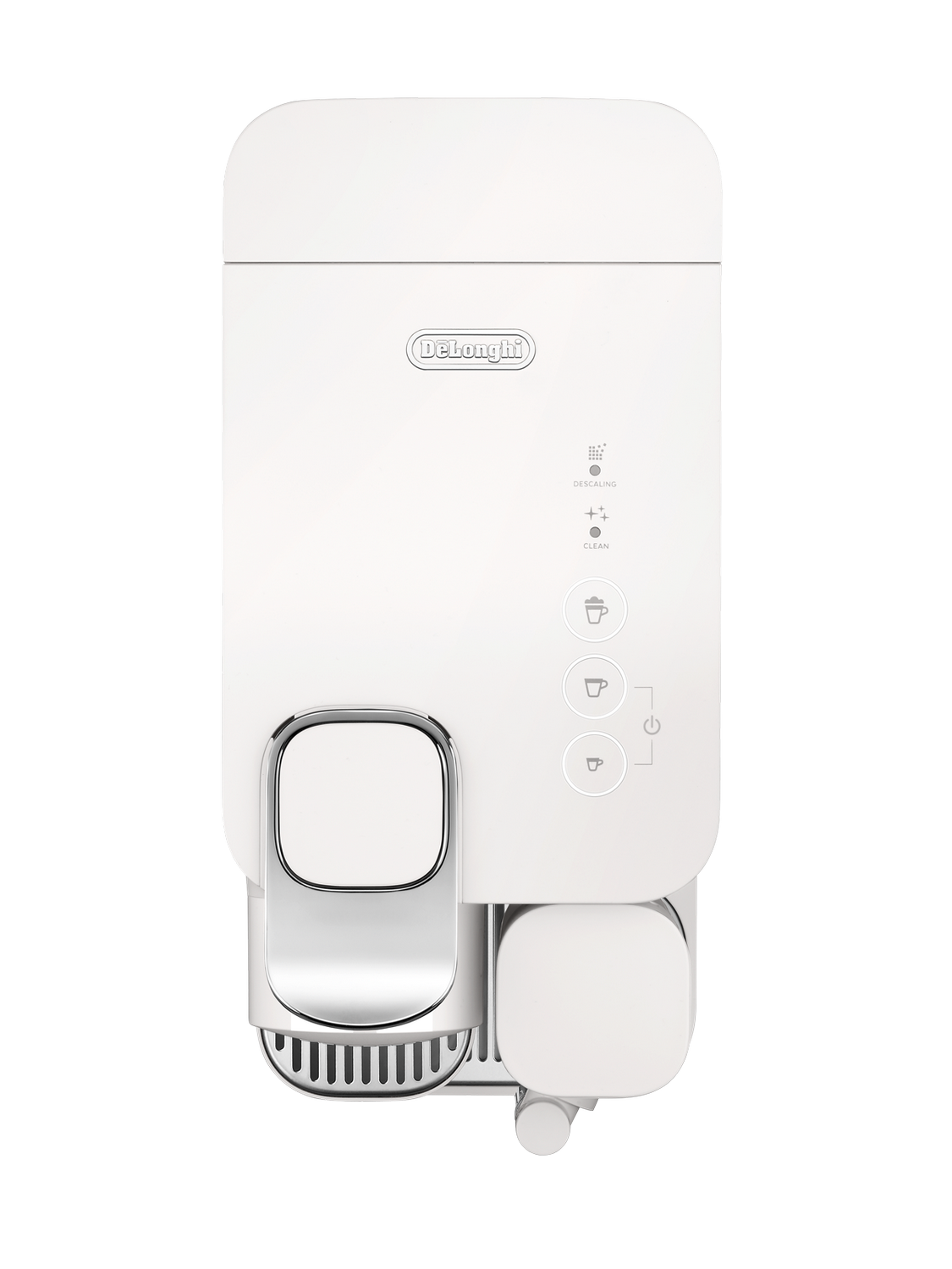 Una cafetera Delonghi blanca. Tiene una boquilla plateada, botones de limpieza y descalcificación y un depósito de agua en la parte inferior.