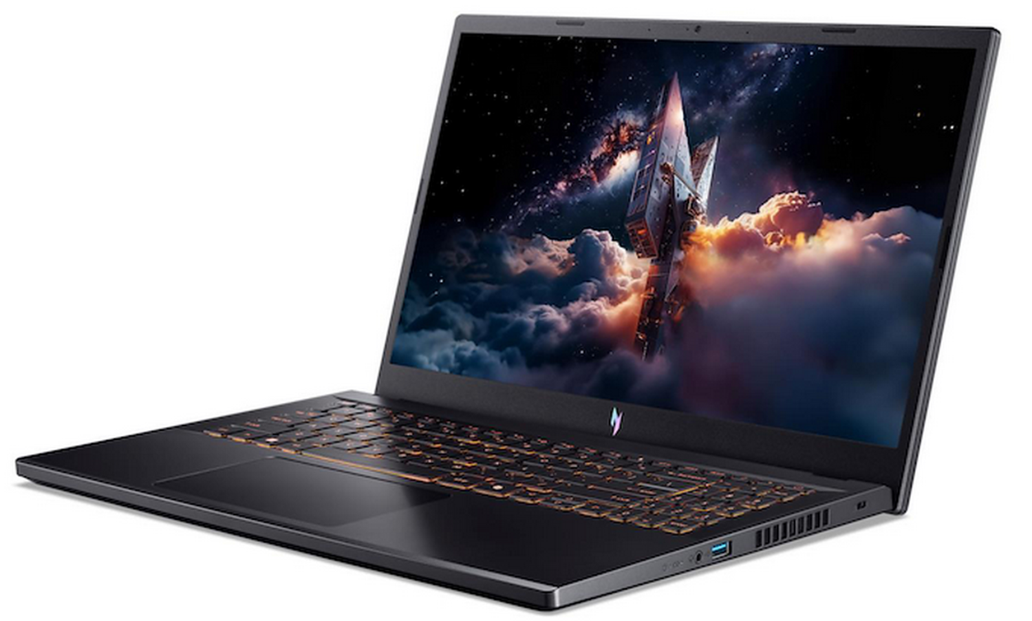 Un portátil negro muestra una escena espacial con un cohete. El teclado se ilumina en naranja. El portátil está inclinado hacia un lado.