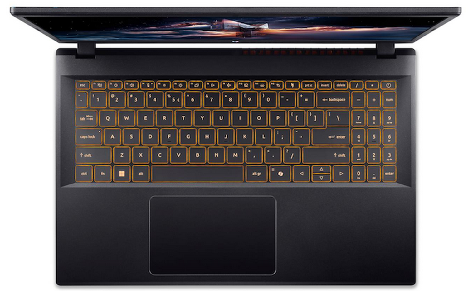 Portátil negro con pantalla abierta. Teclado retroiluminado naranja. Panel táctil abajo. Pantalla muestra cielo con avión.