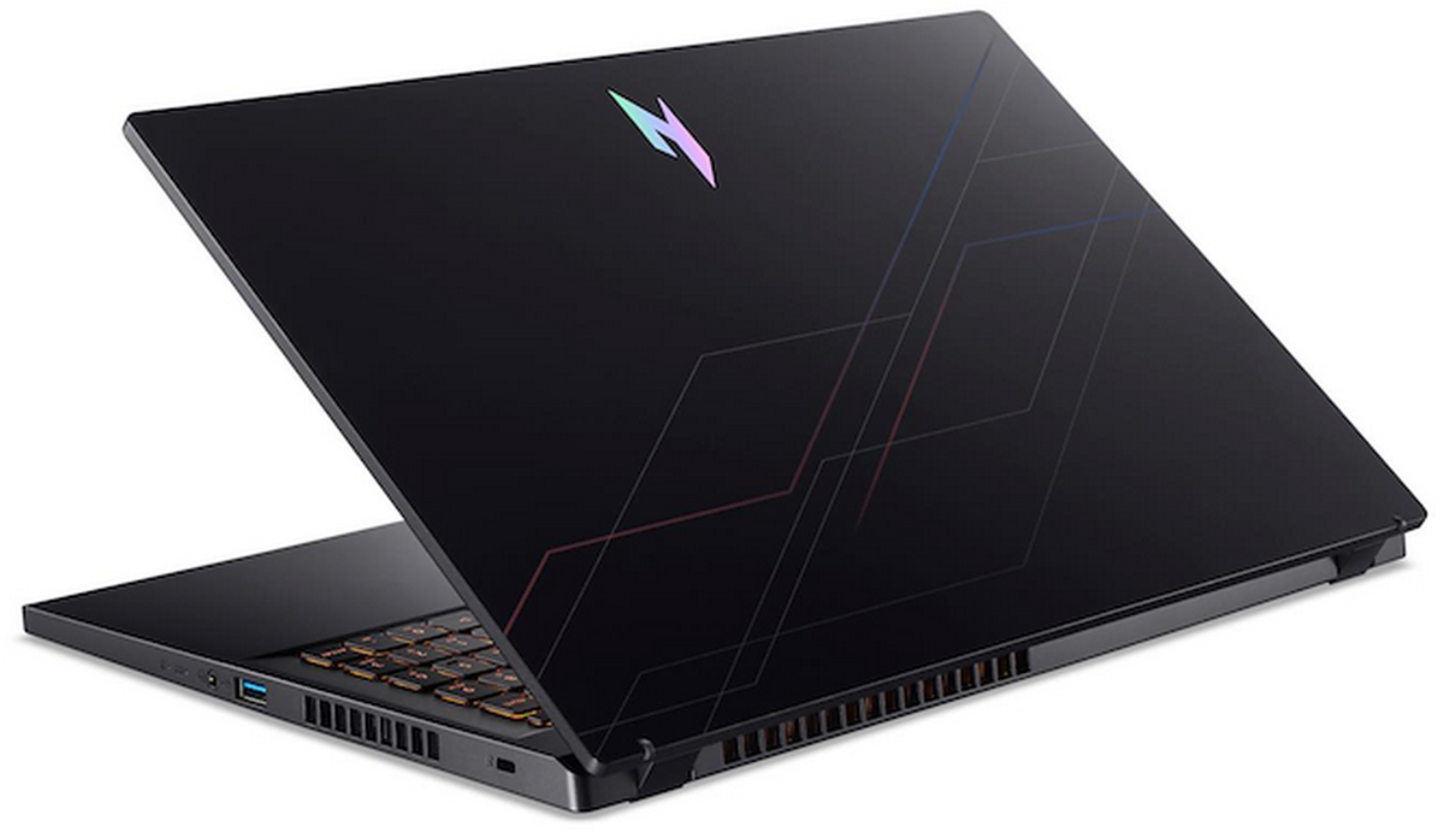 Un portátil negro está abierto, mostrando un teclado y una pantalla. La tapa presenta un logo y líneas geométricas.