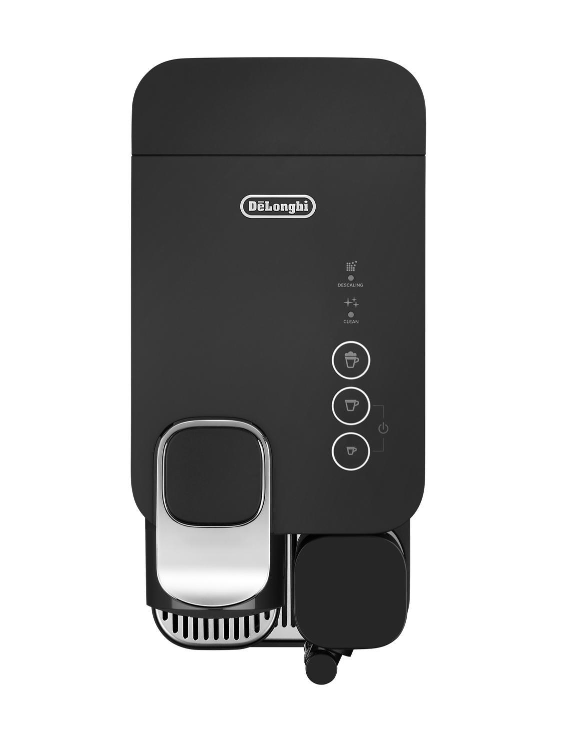 Cafetera De'Longhi negra. Acentos plateados en la parte delantera. Botones para descalcificar, limpiar y opciones de café.