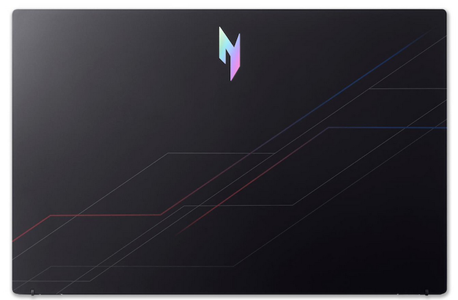 Tapa de portátil oscura con logotipo y líneas. El logotipo es multicolor, las líneas son rojas, azules y grises. Fondo negro.