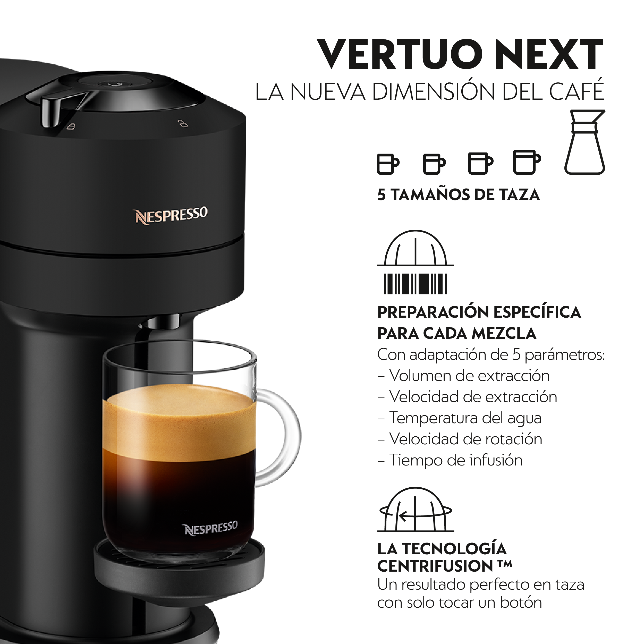 Una máquina Nespresso Vertuo Next negra con una taza de café de vidrio. Texto sobre la preparación del café a la derecha.